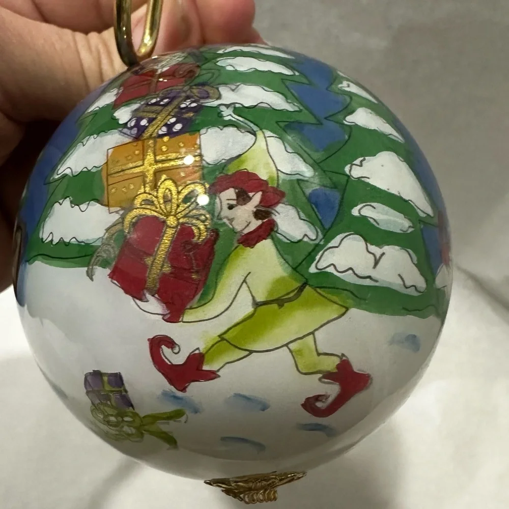 Pier 1 Glass Ornament Painted Li Bien Multicolor Christmas Elves Sleigh Red